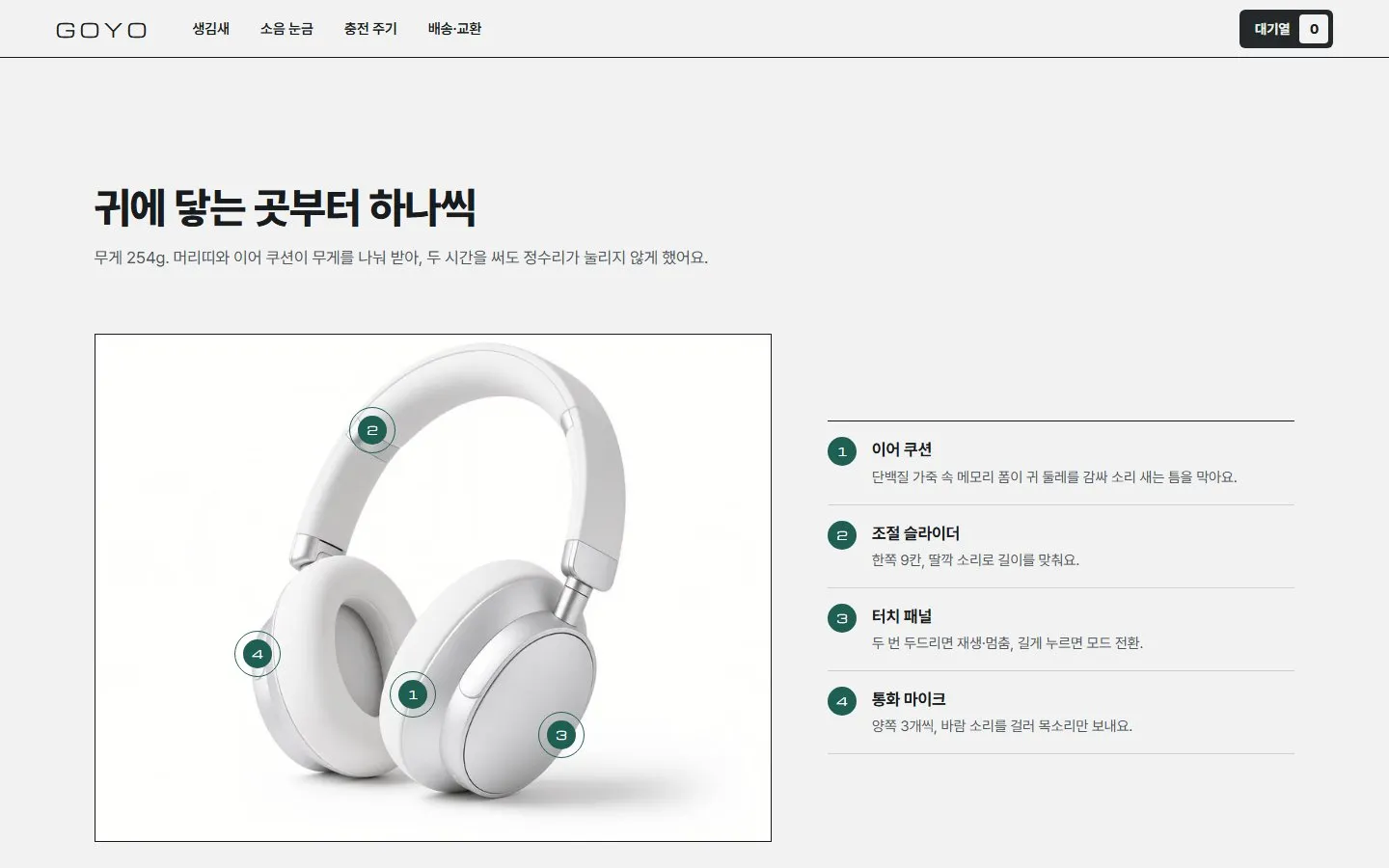 [샘플] 무선 헤드폰 쇼핑몰 GOYO · 원페이지 소음 모드·구성·장바구니 3
